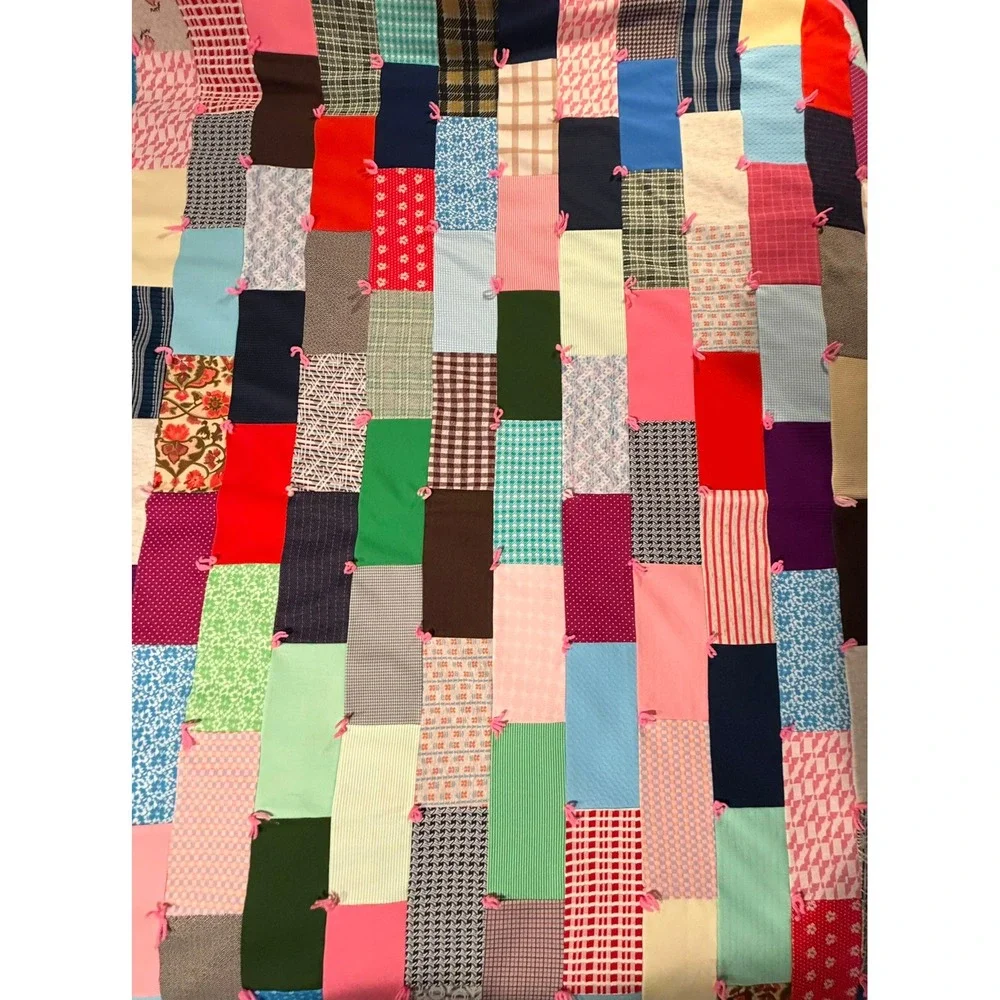 Vintage Handmade Patchwork Tied Quilt Multi Color Scrap Blanket Pink Backing